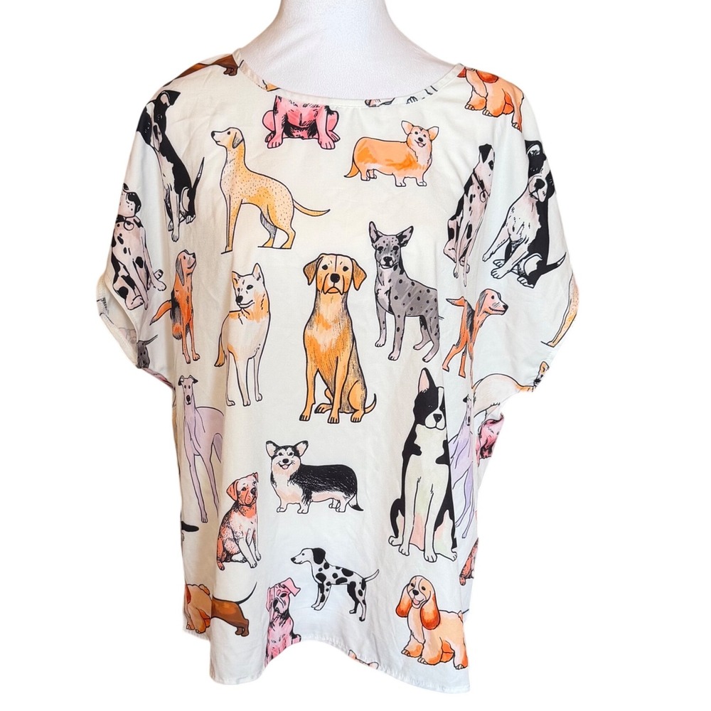 Emery Rose Womens XL Dog Breed Print Blouse Short Sleeve White Relaxed Fit Top